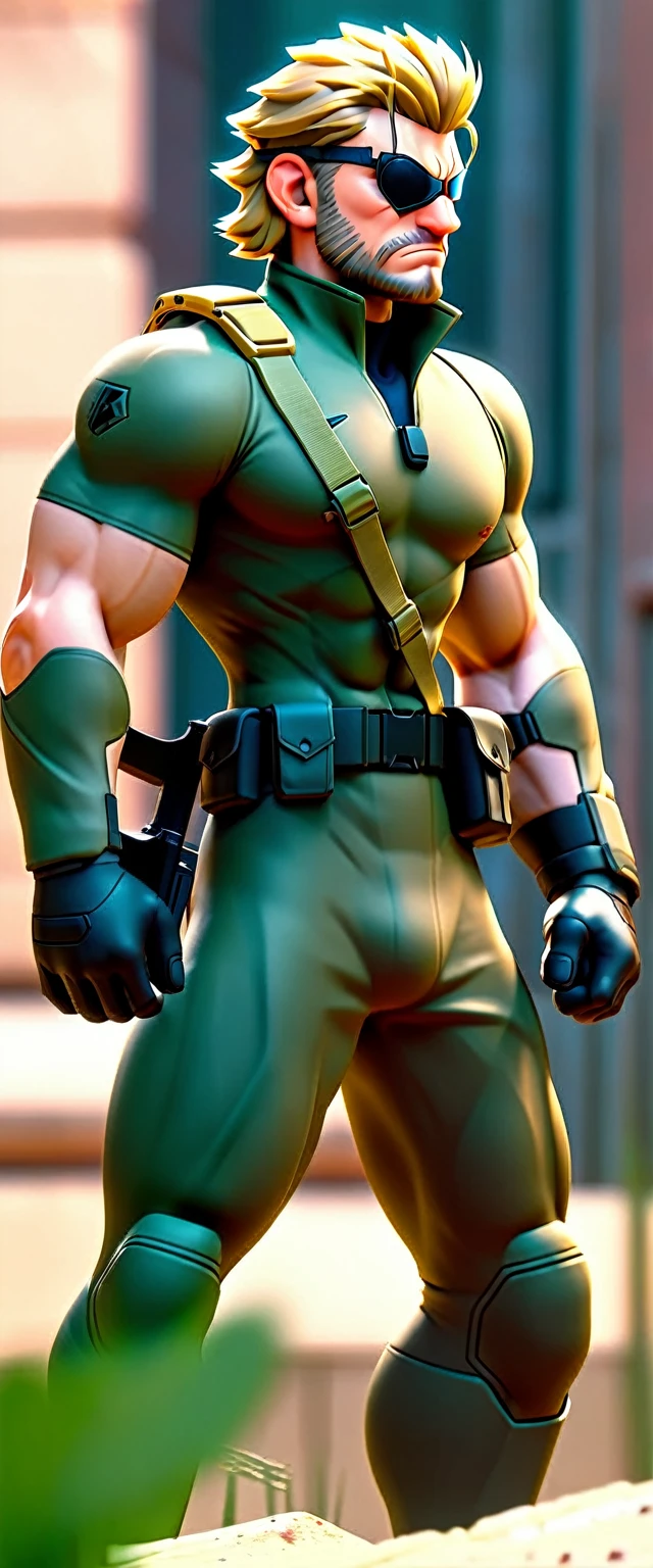 A highly athletic man in a tight combat suit, portraying the iconic Solid Snake character from the Metal Gear series, numerous detailed weapons on his person, sneaking around a guarded high-security military facility, extremely detailed, hyperrealistic, cinematic lighting, dramatic shadows, gritty, photorealistic, masterpiece, 4k, 8k, ultra-detailed, sharp focus, physically-based rendering, vivid colors, concept art style