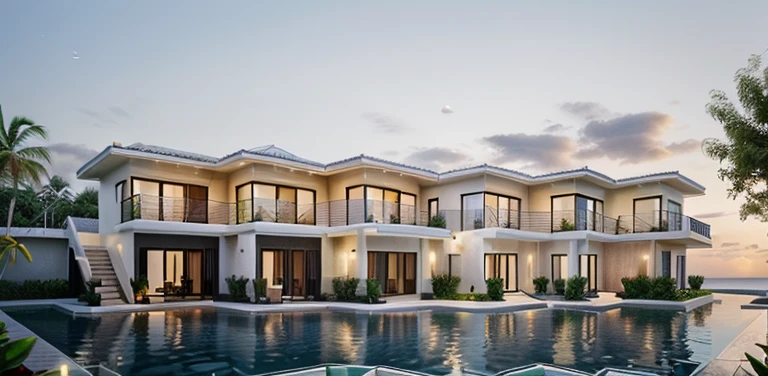 modern luxury villa, coconut trees, greenery landscape, along the white beach, clear sky, sunrise time, warm lighting RAW Photo, RAW texture, Super Realistic, 32K UHD, DSLR, soft lighting, high quality, film rating, Fujifilm XT3 