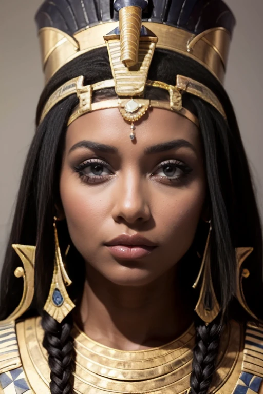 Visage femme noire peau très sombre goddess du Soudan avec tatouages or fin((dressed in pharaoh's tunic))((les seins sont couverts))