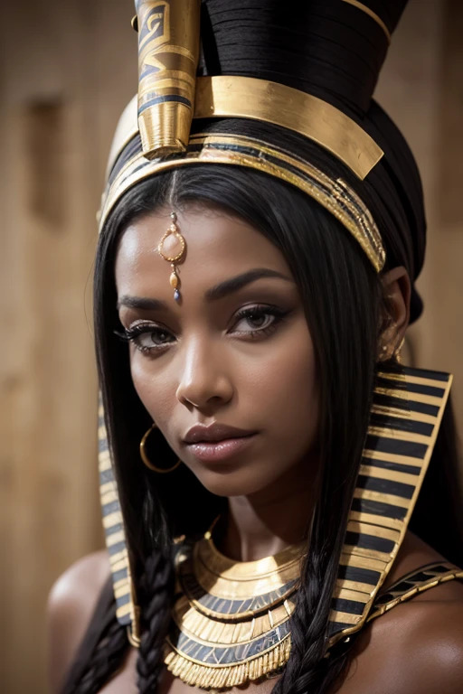 Visage femme noire peau très sombre goddess du Soudan avec tatouages or fin((dressed in pharaoh's tunic)) visage tatouages avec de l'or fin