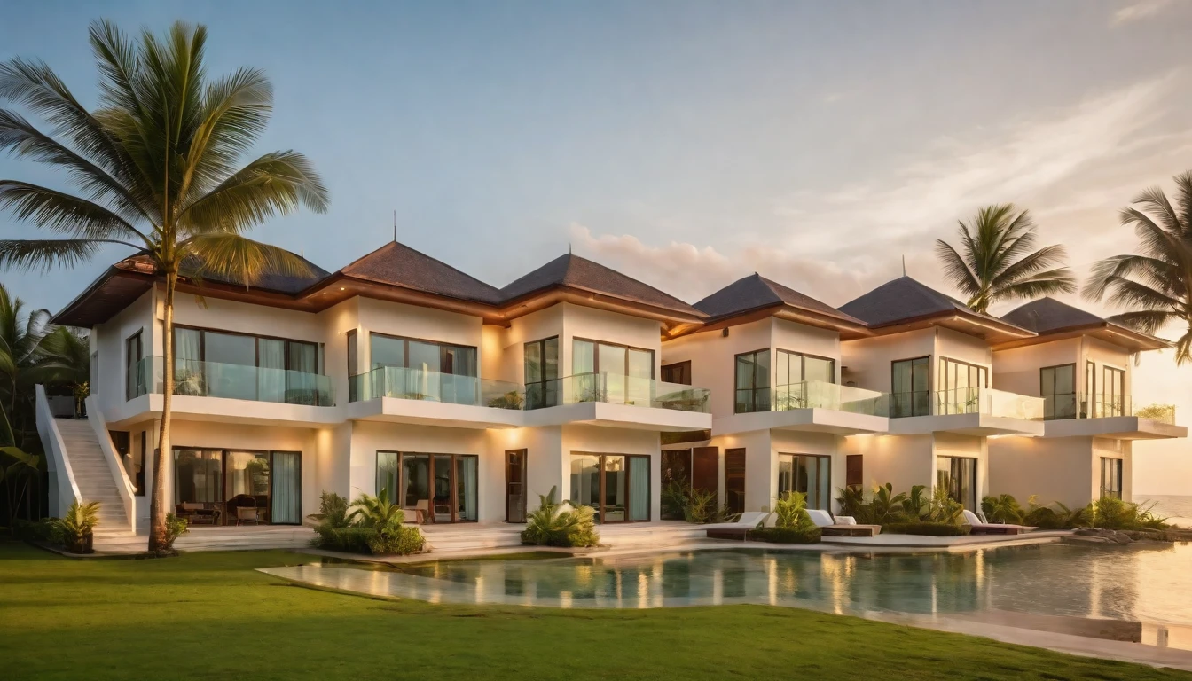 modern luxury villa, coconut trees, greenery landscape, along the white beach, clear sky, sunrise time, warm lighting RAW Photo, RAW texture, Super Realistic, 32K UHD, DSLR, soft lighting, high quality, film rating, Fujifilm XT3 