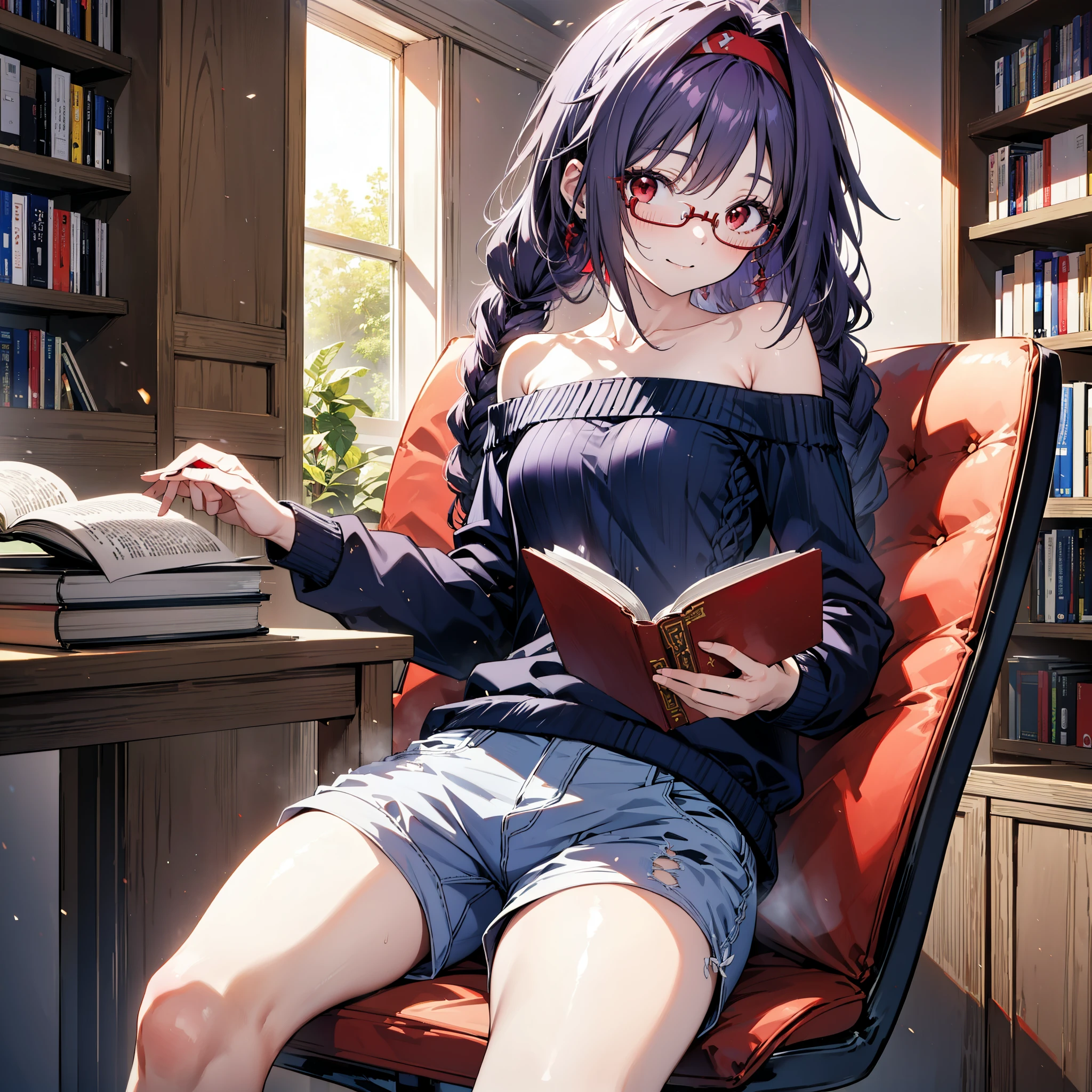 yuukikonno, Konno Yuuki, hair band, Long Hair, Pointed Ears, Purple Hair, (Red eyes:1.5), (Small breasts:1.2), Close your mouth,smile、,Long braids,Black-rimmed glasses,Oversized one-shoulder sweater,Shorts,short boots,sitting in a chair reading a book,
break looking at viewer, whole body,(Cowboy Shot:1. 5)
break indoors, figure書館,
break (masterpiece:1.2), highest quality, High resolution, unity 8k wallpaper, (figure:0.8), (Beautiful fine details:1.6), Highly detailed face, Perfect lighting, Highly detailed CG, (Perfect hands, Perfect Anatomy),