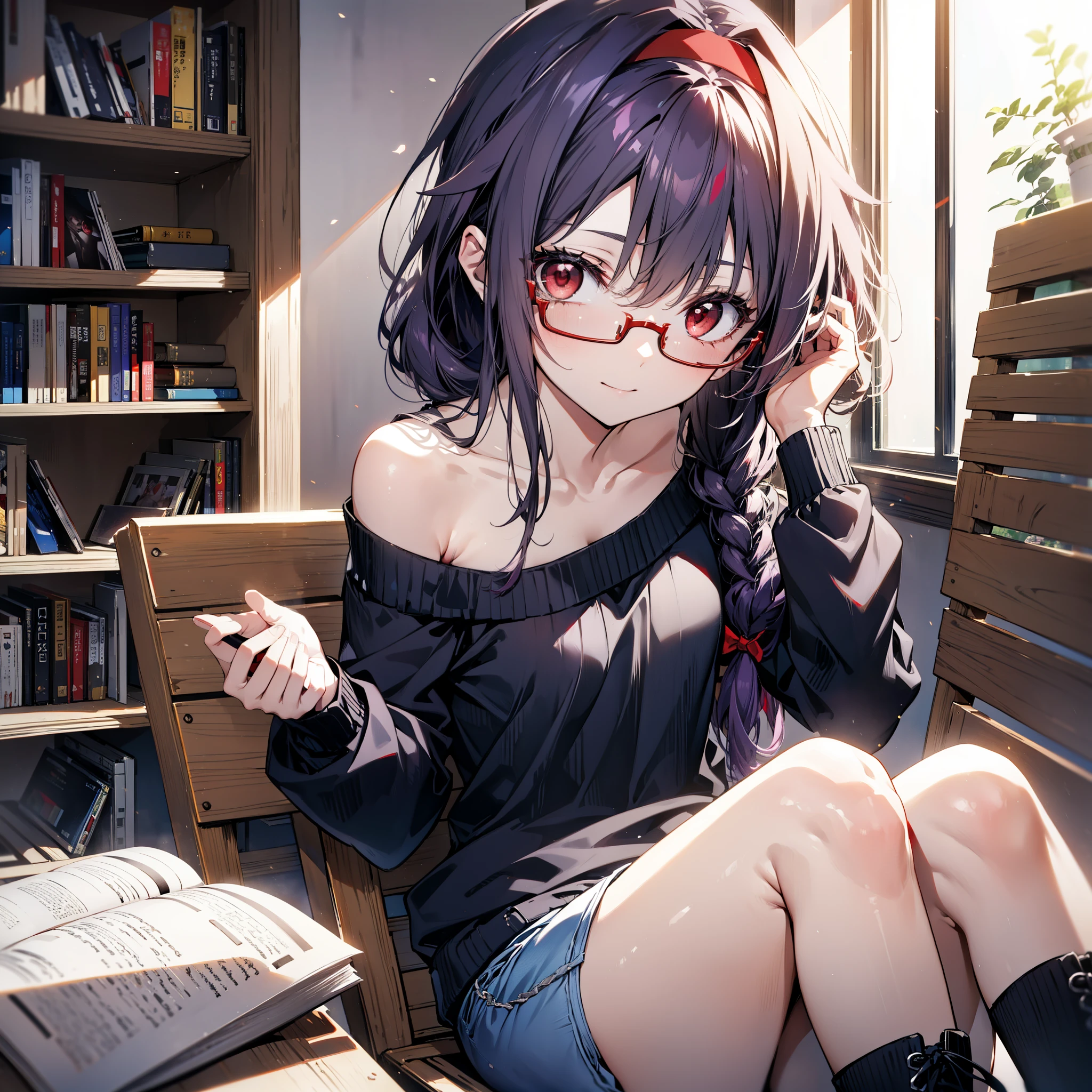 yuukikonno, Konno Yuuki, hair band, Long Hair, Pointed Ears, Purple Hair, (Red eyes:1.5), (Small breasts:1.2), Close your mouth,smile、,Long braids,Black-rimmed glasses,Oversized one-shoulder sweater,Shorts,short boots,sitting in a chair reading a book,
break looking at viewer, whole body,(Cowboy Shot:1. 5)
break indoors, figure書館,
break (masterpiece:1.2), highest quality, High resolution, unity 8k wallpaper, (figure:0.8), (Beautiful fine details:1.6), Highly detailed face, Perfect lighting, Highly detailed CG, (Perfect hands, Perfect Anatomy),