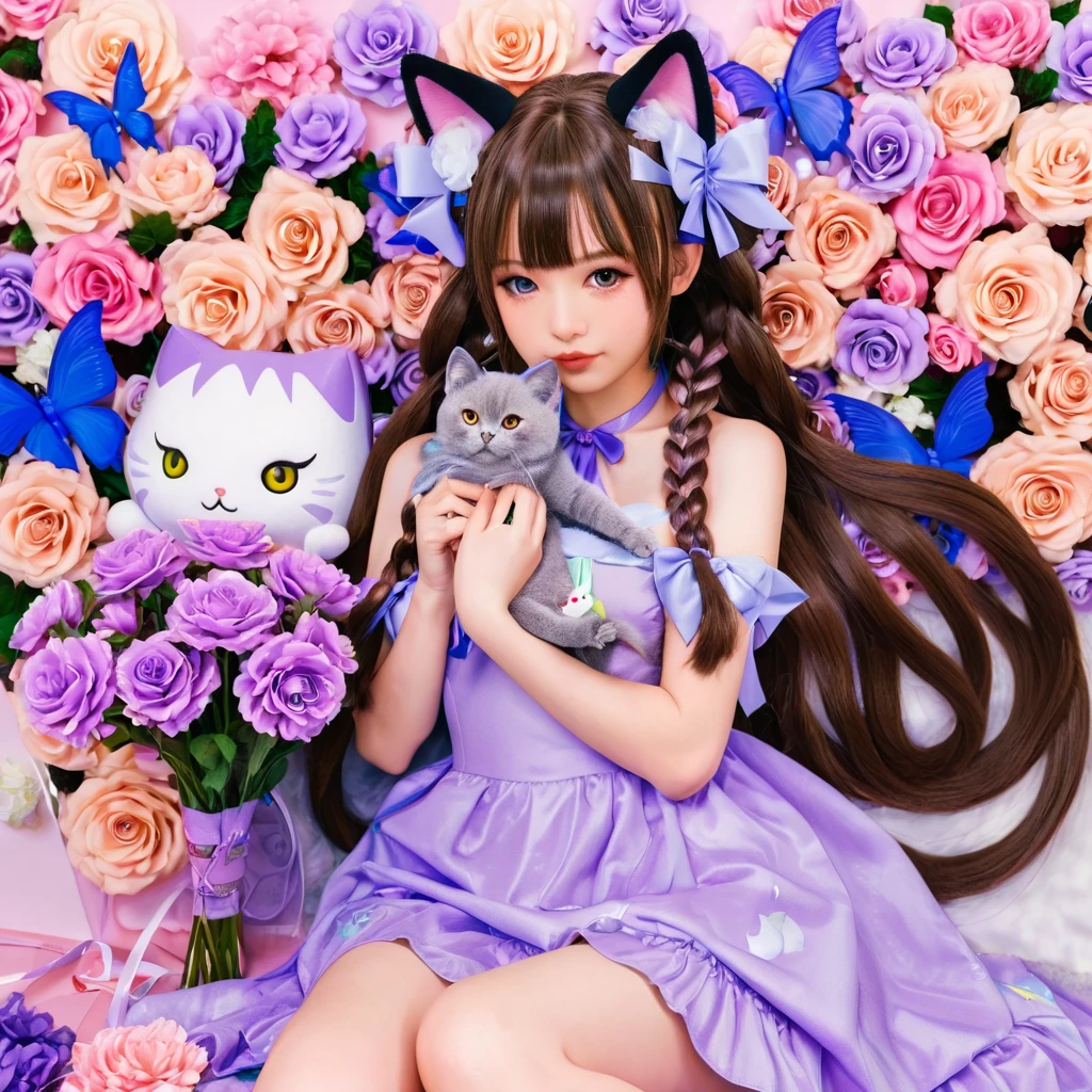 1girl, naked, animal ears, purple eyes, brown hair, wings, solo, long hair, blush, cat ears, flowers, looking at viewer, braids, bows, dresses, pink flowers, bows, hair accessories, bangs, cats, hair flower, animal ear hair, holding, virtual youtuber, blue bow, holding animal, catwoman, stuffed toy