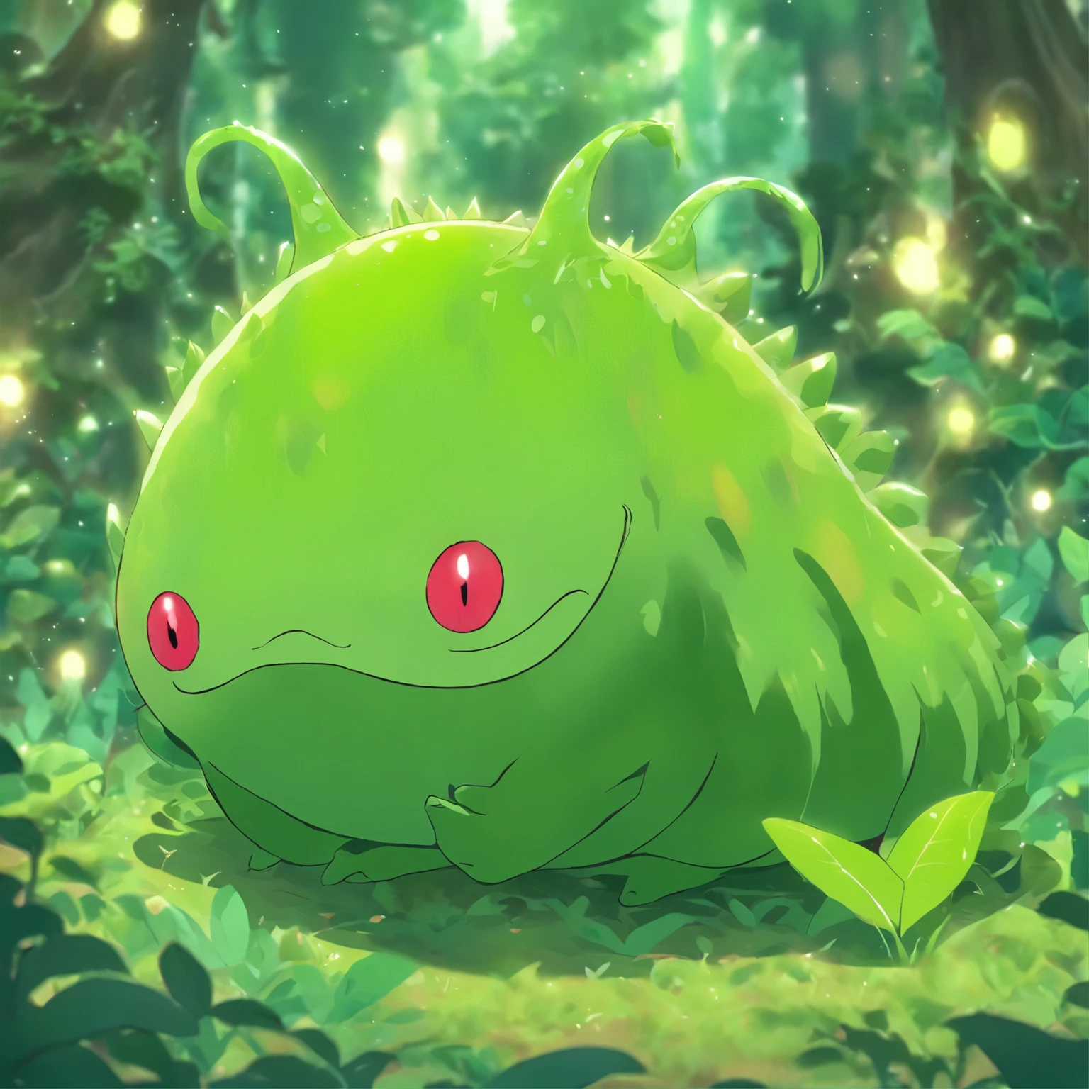 a close up of a green slug on a leafy surface, a macro photograph by Shigeru Aoki, flickr, art nouveau, fluffy green belly, a plant monster, cute little creature, nudibranch, polychaeta, sea creature, plant monster, cute creature, vicious snapping alligator plant, alien plant, cute forest creature, curved horned dragon!, adorable glowing creature