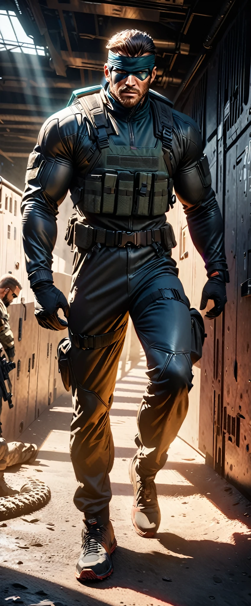 A highly athletic man in a tight combat suit, portraying the iconic Solid Snake character from the Metal Gear series, numerous detailed weapons on his person, sneaking around a guarded high-security military facility, extremely detailed, hyperrealistic, cinematic lighting, dramatic shadows, gritty, photorealistic, masterpiece, 4k, 8k, ultra-detailed, sharp focus, physically-based rendering, vivid colors, concept art style