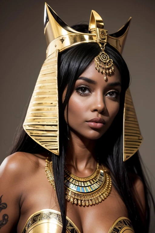 Visage femme noire peau très sombre goddess du Soudan avec tatouages or fin((dressed in pharaoh's tunic))((les seins sont couverts))