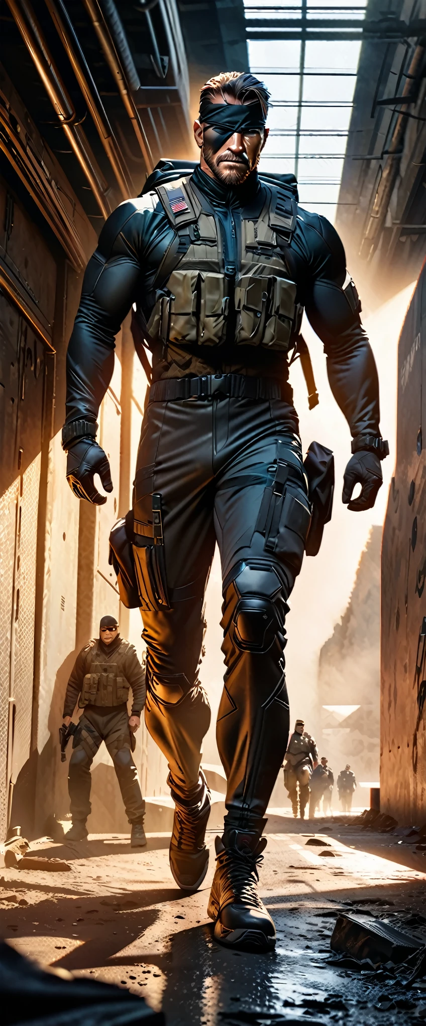 A highly athletic man in a tight combat suit, portraying the iconic Solid Snake character from the Metal Gear series, numerous detailed weapons on his person, sneaking around a guarded high-security military facility, extremely detailed, hyperrealistic, cinematic lighting, dramatic shadows, gritty, photorealistic, masterpiece, 4k, 8k, ultra-detailed, sharp focus, physically-based rendering, vivid colors, concept art style