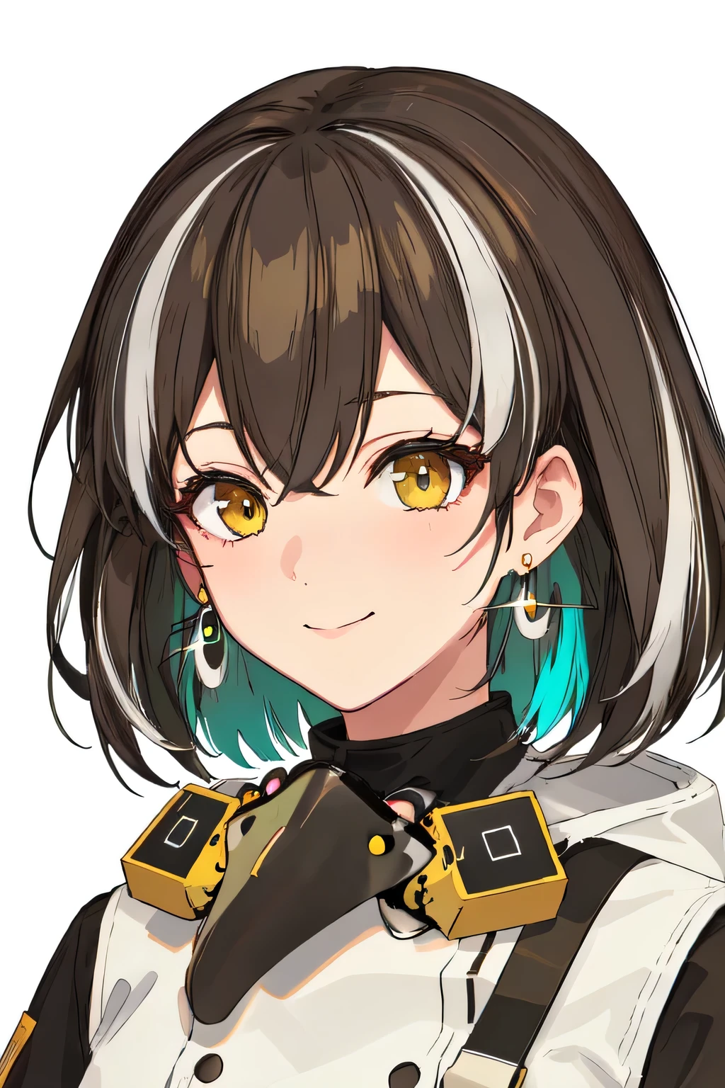 best quality, masterpiece, highres, solo, {magallan_arknights:1.15}, multicolored_hair, streaked_hair, short_hair, white_hair, blue_hair, rainbow_eyes, smile, jewelry, earrings, upper_body, bangs, hair_between_eyes, 1girl, looking_at_viewer, single_earring, portrait, simple_background, mask, mask_around_neck, white_background, white_coat wink eye