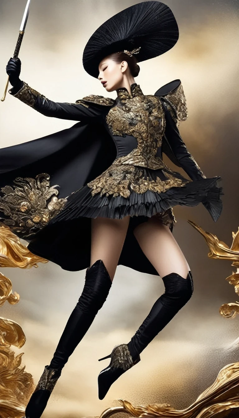 Female warrior jumping and running,(Wearing avant-garde and elegant tight combat uniform:1.3),Knife flying in the airing gun,,Serge Lutens is known for his avant-garde elegance。His works continue to transcend the boundaries of traditional aesthetics,Combining elements of surrealism and futurism,While maintaining elegance。This unique combination makes his work both sophisticated and provocative.,Colors include rich dark tones,black、golden and silver colors,And use bright embellishment colors to enhance the visual impact,Visual effect