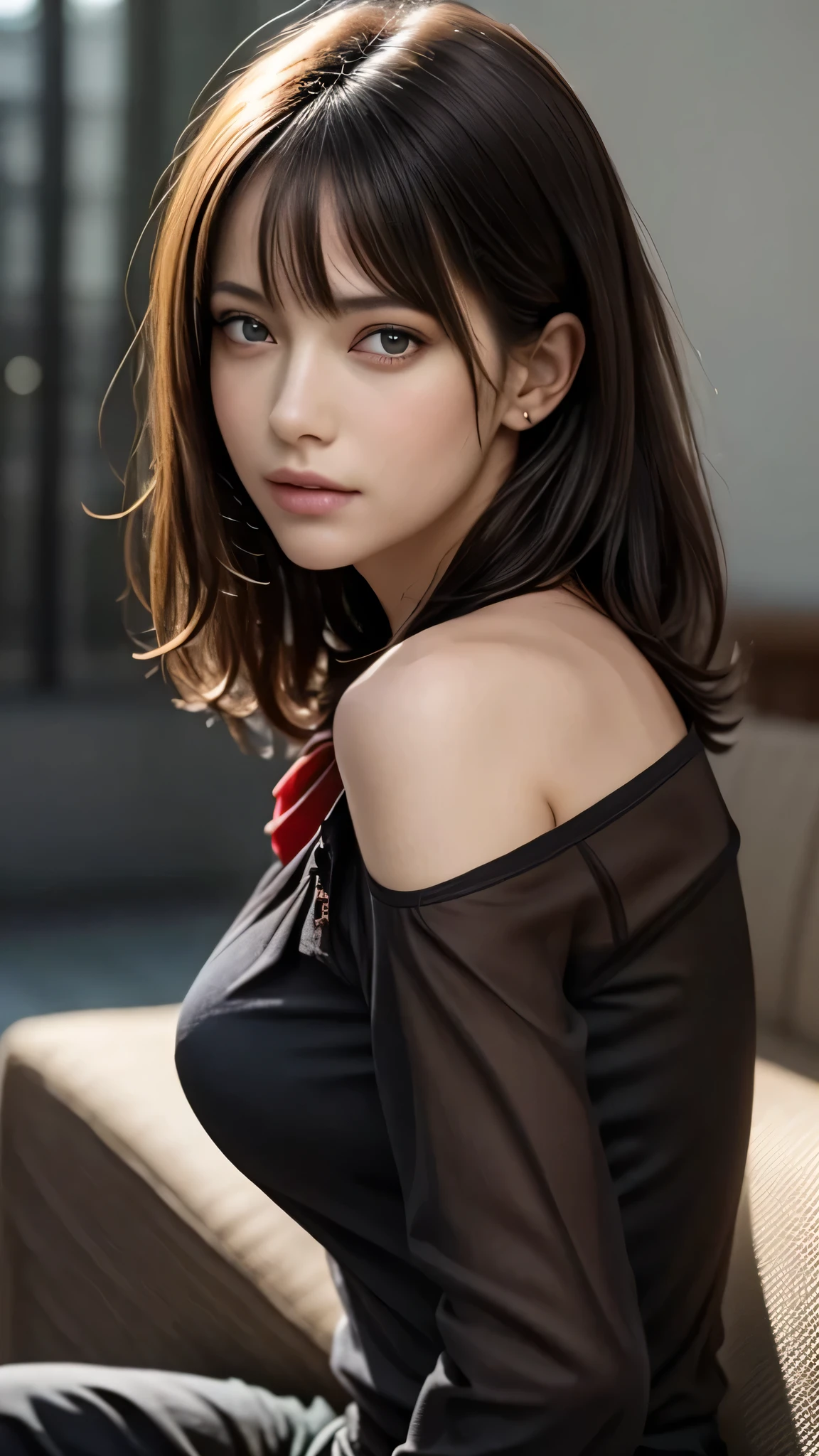 bloom, Lens Reflection, (8k, born, Professional, highest quality, masterpiece: 1.2), (Realistic, photoRealistic: 1.37), Super detailed, (Wide-angle 25mm portrait), (Most detailed skin: 1.2), Highly detailed face, Cinema Lighting, One girl, Black curly hair, (the wind is strong), Standing on the couch, Dark Light, Looking into the camera, Big Breasts, black and red blouse