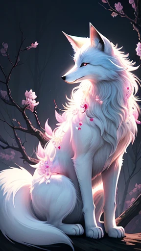 ((solo)) (feral, ninetales), white, female, looking at viewer, cherry blossom, night, fog, flower, multi tail, full moon,, best quality, shaded, extreme detail, highly detailed, ultradetailed, intricate, realistic, detailed background, hi res, realistic, photography \(artwork\), (by kenket), by ross tran, by michael & inessa garmash, by pino daeni, by isvoc, by kiguri, by alena aenami, by ruan jia, (by zenthetiger, by wolfy-nail), by Enki Bilal, by drmax, photorealism,