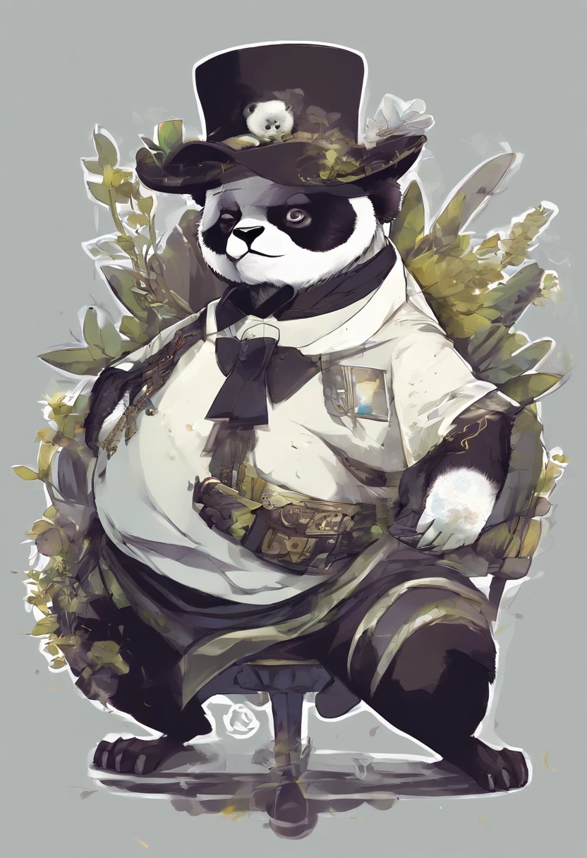 anthropomorphic panda, de cuerpo entero, vestido formalmente con un blazer, sostiene una bandeja, pegatina de panda, sticker de panda.
