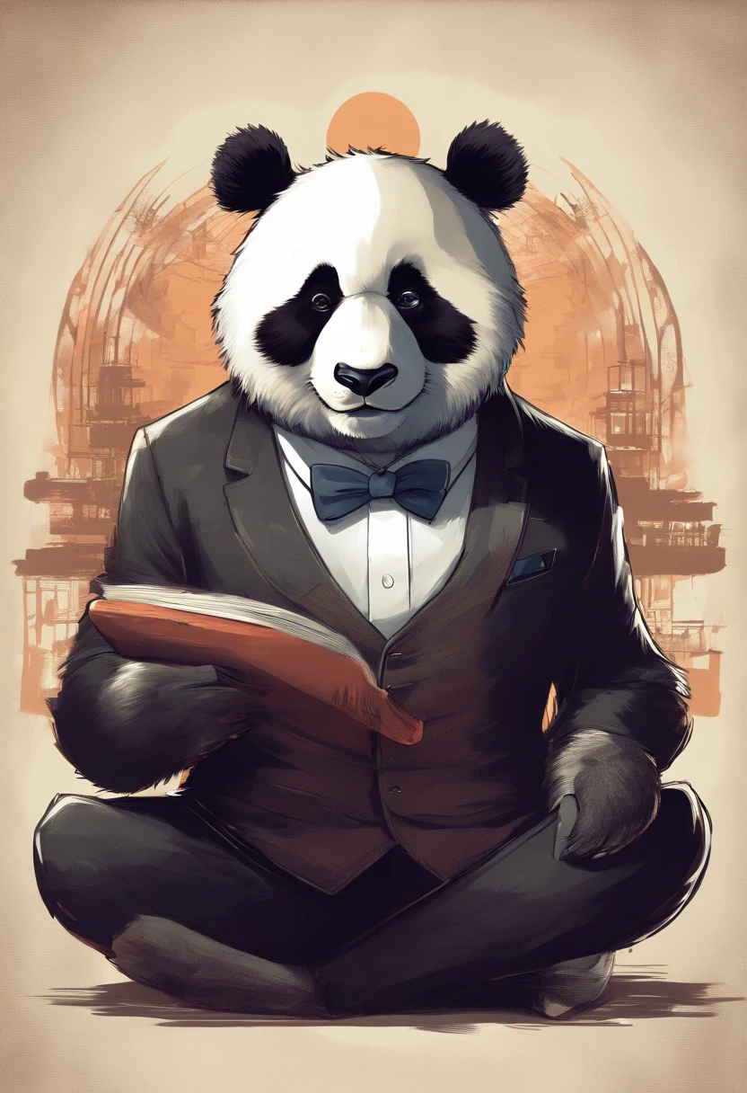 anthropomorphic panda, de cuerpo entero, vestido formalmente con un blazer, sostiene una bandeja, pegatina de panda, sticker de panda.