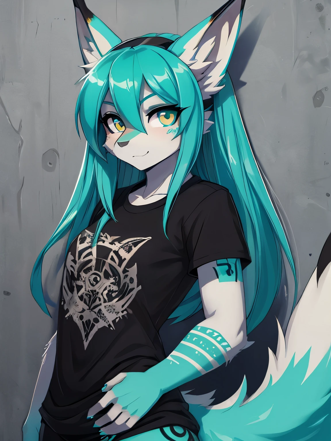 Miku Hatsune, high definition add_detail:1, blue fur,kitsune ears, tribal tattoo add_detail:1 cute high school clothes, pretty girl add_detail:3 18 year old girl, short black lycra, black metal t shirt, flirty look add_detail:3
