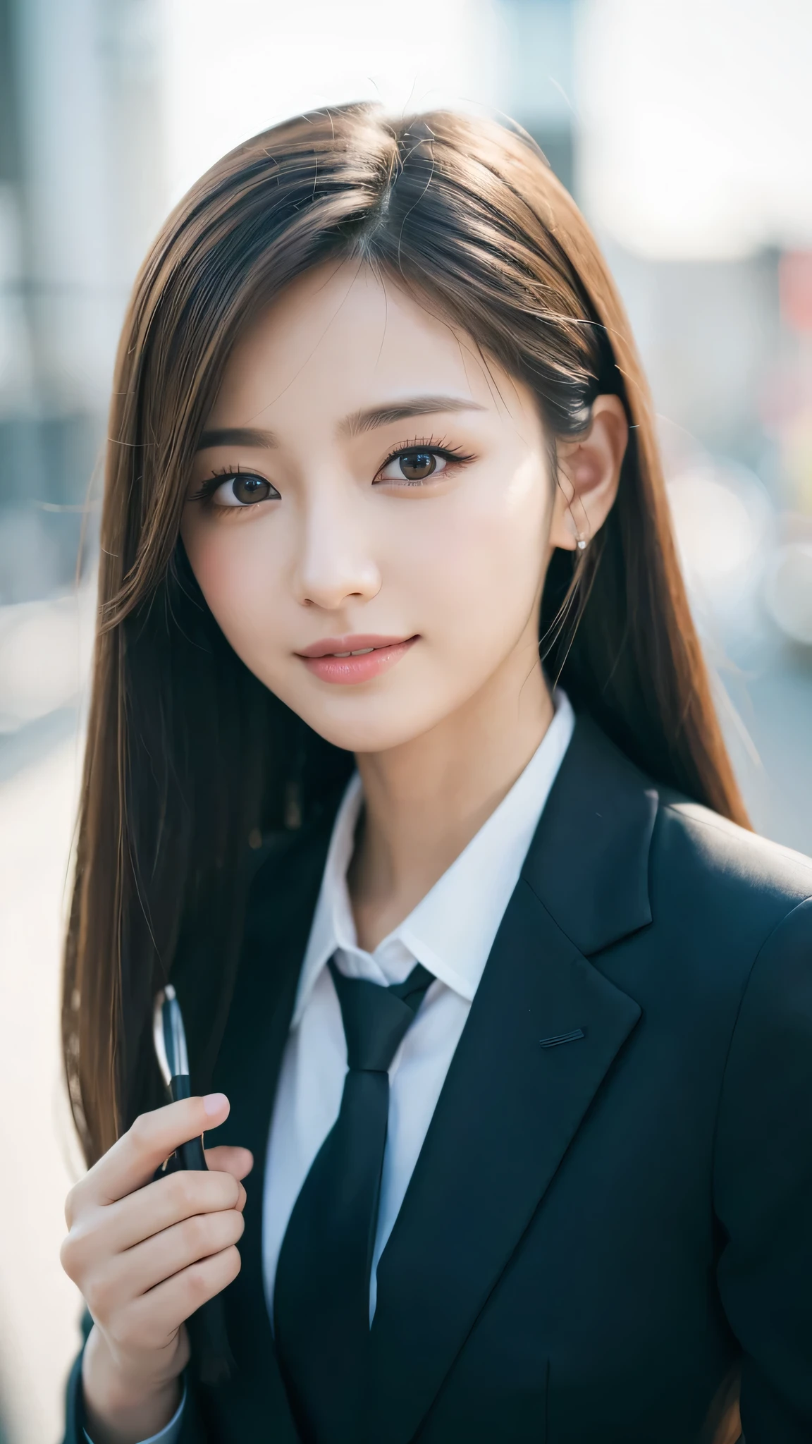 table top、highest quality、genuine、Super detailed、finely、High resolution、8k wallpaper、one beautiful woman、、、light brown disheveled hair、wearing a business suit、sharp focus、perfect dynamic composition、beautiful and detailed eyes、thin hair、Detailed genuine skin texture、smile、model body shape、In Tokyo at morning、Brush your hair up with your fingers.
