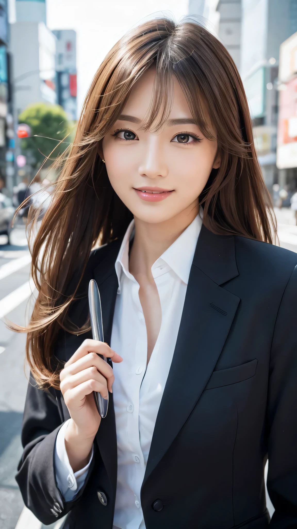 table top、highest quality、genuine、Super detailed、finely、High resolution、8k wallpaper、one beautiful woman、、、light brown disheveled hair、wearing a business suit、sharp focus、perfect dynamic composition、beautiful and detailed eyes、thin hair、Detailed genuine skin texture、smile、model body shape、In Tokyo at morning、