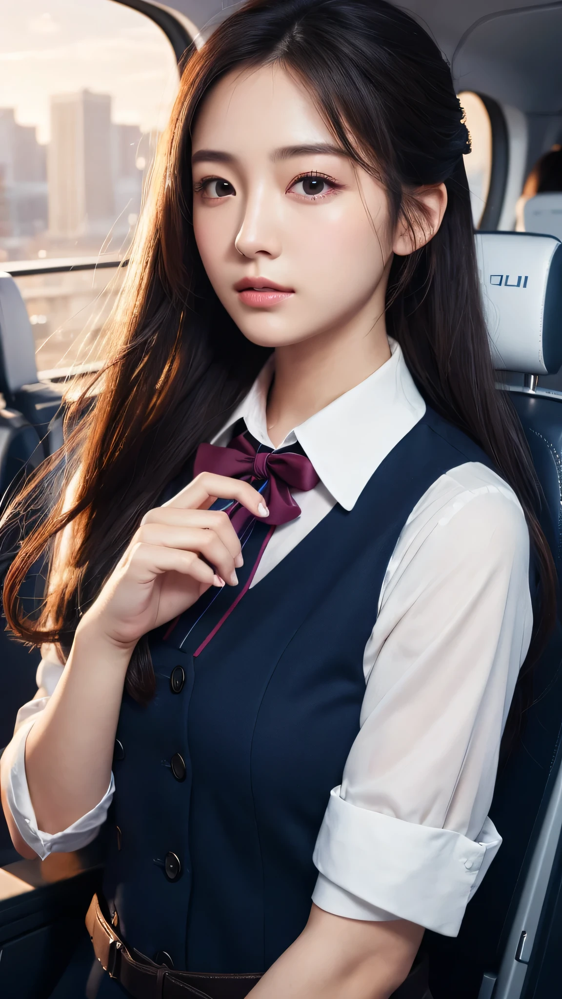 Super detailed, High resolution, Super detaileded, highest quality, wonderful, highest quality,Integrated 8K wallpaper, cinematic lighting, stewardess、20-year-old、Japanese、Brush your hair up with your fingers.