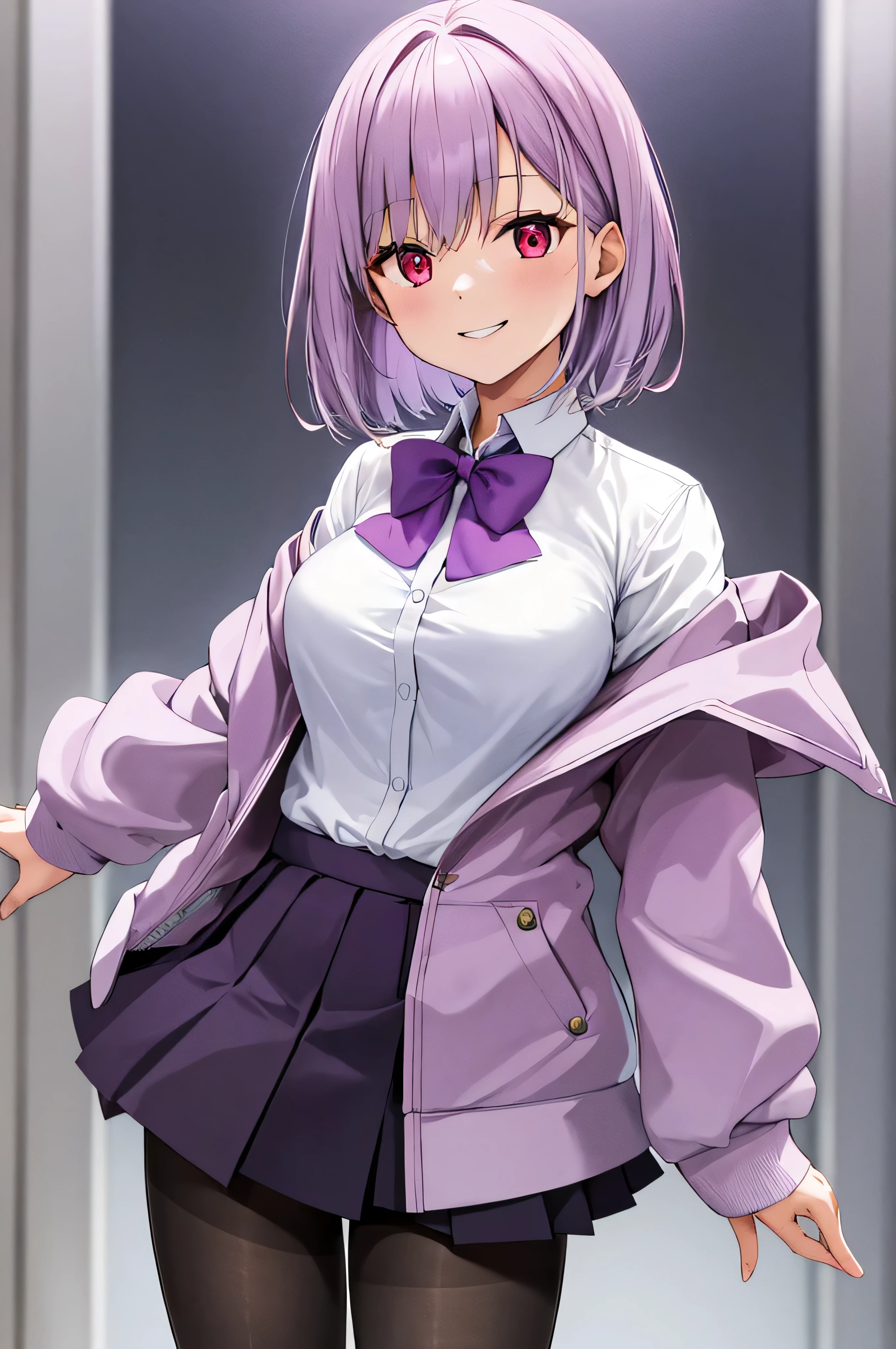 masterpiece, highest quality, High resolution, shinjou akane, One girl, alone, pantyhose, shirt, bow, skirt, purple Jacket, Jacket, white shirt, Long sleeve, short hair, black skirt, collared shirt, black pantyhose, Open clothes, bowtie, purple bow, chest, bangs, Red eyes, pleated skirt, Off the shoulder, open Jacket, Sleeves are longer than the wrist, Light purple hair, purple bowtie, miniskirt,  Cowboy Shot,evil smile,smile worst,looking at viewer,