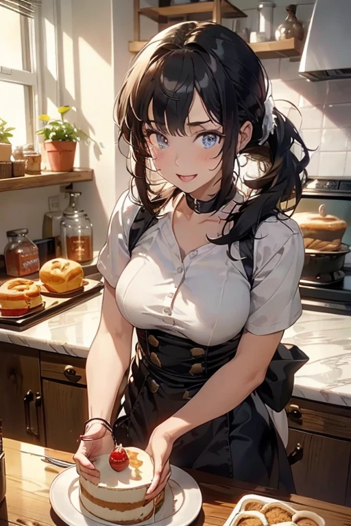 (dynamic angle:1.3, front view:1.1, breast focus:1.3, from above:1.1), (dynamic posing:1.2, sexy posing:1.2), (seductive smiling:1.3), ((looking at cake,Taking a cake out of the golden oven, worried about the outcome:1.2)),highest quality、(real、photorealistic:1.4),(ultra high resolution, 8K RAW photo, clear focus), best qualtiy, natural lighting, field depth, (Bright pupils, detailed beautiful eyes, high detailed face), Red lip, (tight focus:1.2), a girl 22yo old, Wearing a pastry chef uniform:1.3 , Thicc, thin breast, long hair, blue eyes,a pastry pretty girl:1.1, (highly detailed beautiful face and eyes,small breasts),real skin,((black,hair,long pony tail hair)),thin pubic hair,cute,lovely, detailed eyes,(double breasted:1.0,under bust:1.0),(with sparkling eyes and a contagious smile),open mouth, Looking at Viewer,A scene of cooking in the kitchen with the oven made by goldden