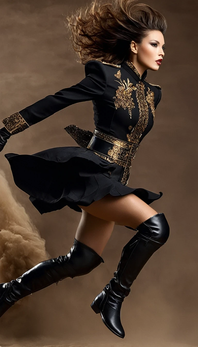 Female warrior jumping and running,(Wearing avant-garde and elegant tight combat uniform:1.3),Knife flying in the airing gun,,Serge Lutens is known for his avant-garde elegance。His works continue to transcend the boundaries of traditional aesthetics,Combining elements of surrealism and futurism,While maintaining elegance。This unique combination makes his work both sophisticated and provocative.,Colors include rich dark tones,black、golden and silver colors,And use bright embellishment colors to enhance the visual impact,Visual effect