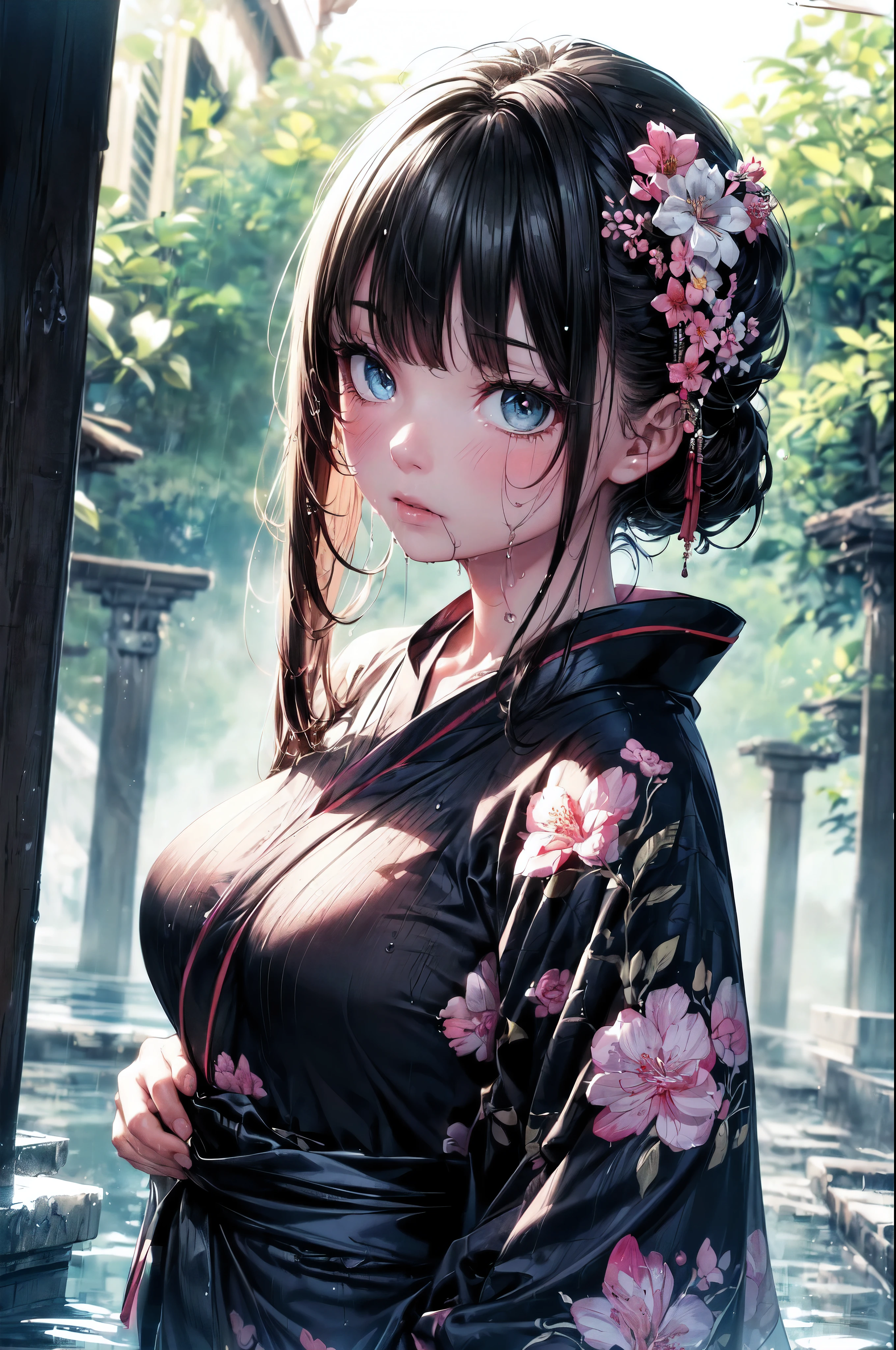 (A 7-year-old girl:1.2), (very young little girl), loli, (Solo), (small breast), (wide angle), raw photo, Aesthetic, Convoluted, Awarded, chiaroscuro, Best Quality, Detailed background, (Misty atmosphere:1.2), (hard rainy day:1.1),((Girl in very large black cotton kimono:1.2)), large black cotton kimono, large black kimono with a cotton texture, very long black kimono sleeve, best wrinkles, real wrinkles, best shadows, (wet, wet body, wet hair, wet skin, very wet black kimono, reflection on the wet kimono, delicate cherry blossom embroidery, subtle water droplets:1.15), (water spray:1.1), (Cloth kimono, best kimono wrinkle, Transparent mucus wrapping), (Walk through the (Mist dark Zen Garden)), (Real location), Delicate and beautiful eyes, Casual pose, Detailed textures, Posing, (Anatomically correct body, detailed face, (very detailed textures kimono with floral pattern), (black hair), Voluminous hair, Hair Ornament, vivid colors, calm expression, look at viewer, peaceful scenery, clean and fresh feeling, Beautiful and detailed water