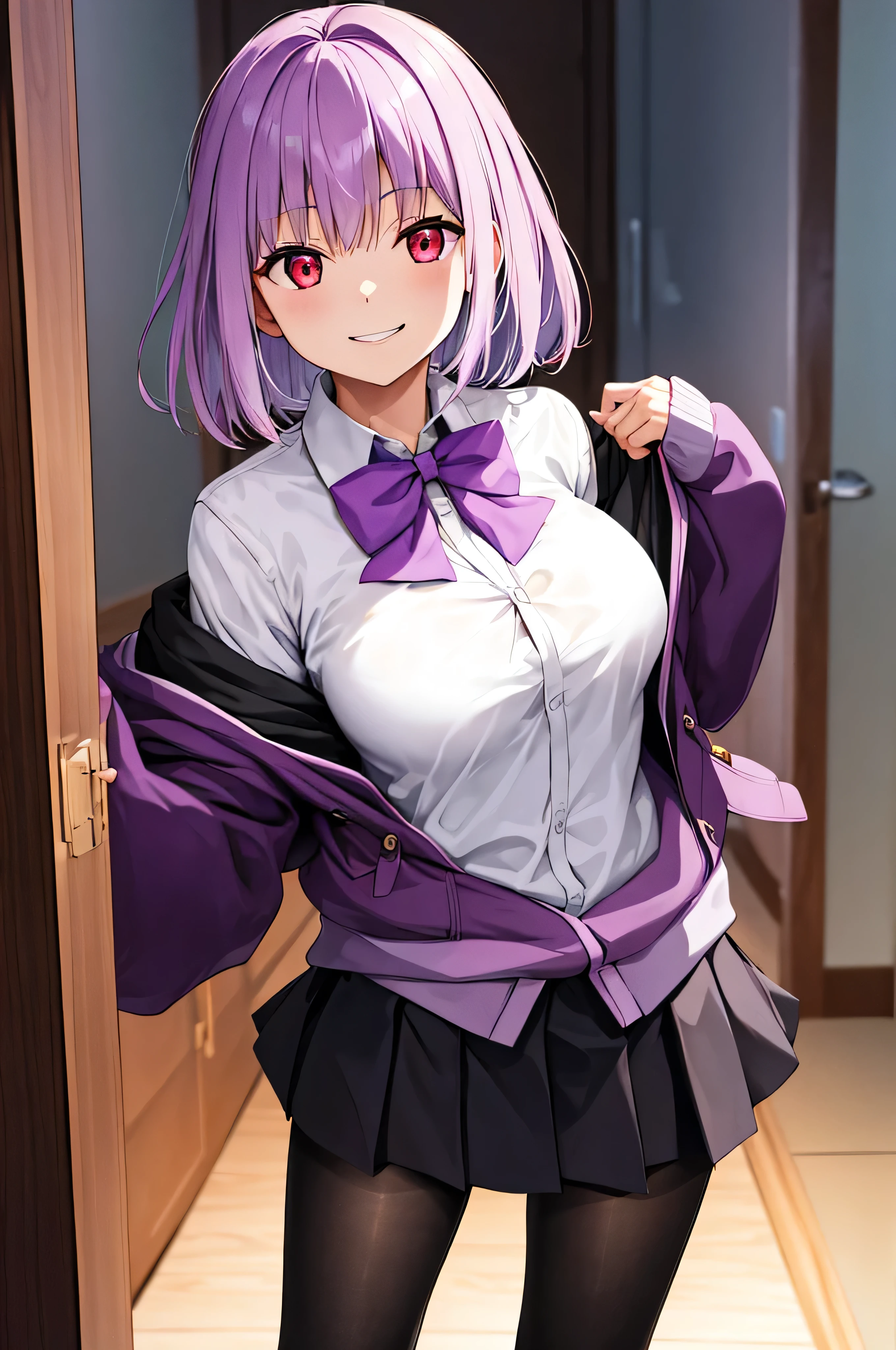 masterpiece, highest quality, High resolution, shinjou akane, One girl, alone, pantyhose, shirt, bow, skirt, purple Jacket, Jacket, white shirt, Long sleeve, short hair, black skirt, collared shirt, black pantyhose, Open clothes, bowtie, purple bow, chest, bangs, Red eyes, pleated skirt, Off the shoulder, open Jacket, Sleeves are longer than the wrist, Light purple hair, purple bowtie, miniskirt,  Cowboy Shot,evil smile,smile worst,looking at viewer,laugh worst,evil laugh,shaded face,laugh face,