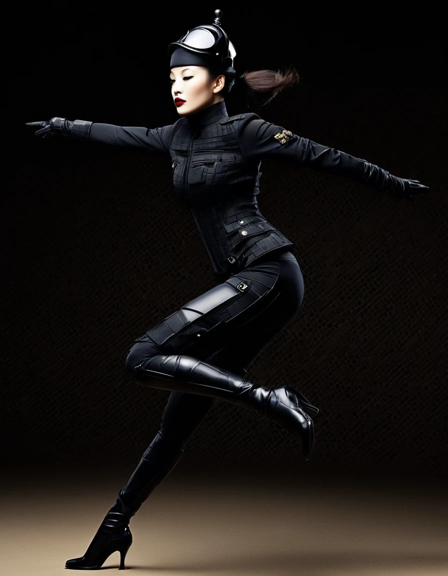 (Avant-garde and elegant tight combat suit：1.3），Fitness female soldier jumping with gun，Serge Lutens is known for his avant-garde elegance。His works continue to transcend the boundaries of traditional aesthetics，Combining elements of surrealism and futurism，While maintaining elegance。This unique combination makes his work both sophisticated and provocative.，Redefining the understanding of beauty and art。