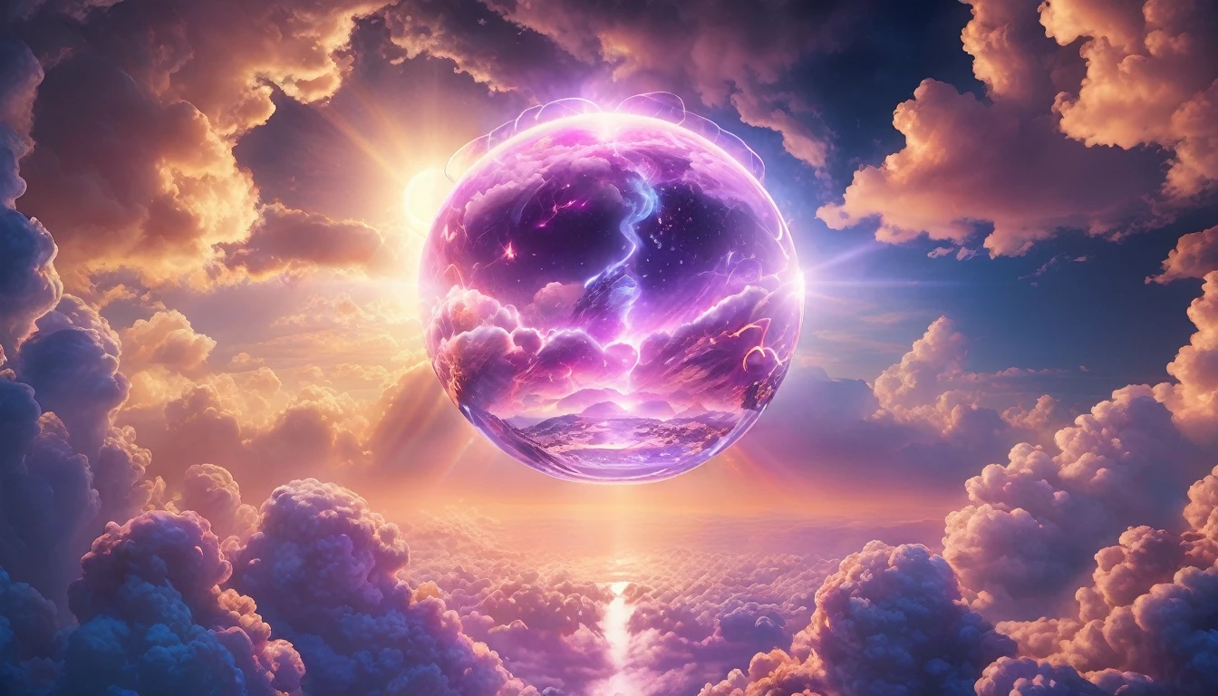 In a bright fluorescent paradise environment,like clouds in heaven,Holding a glowing sphere in both hands,colorful, The light shines all around very dazzlingly, professional, Complex details, Ambient Lighting, oblique light., bright rim light, High contrast, Bold edge light
