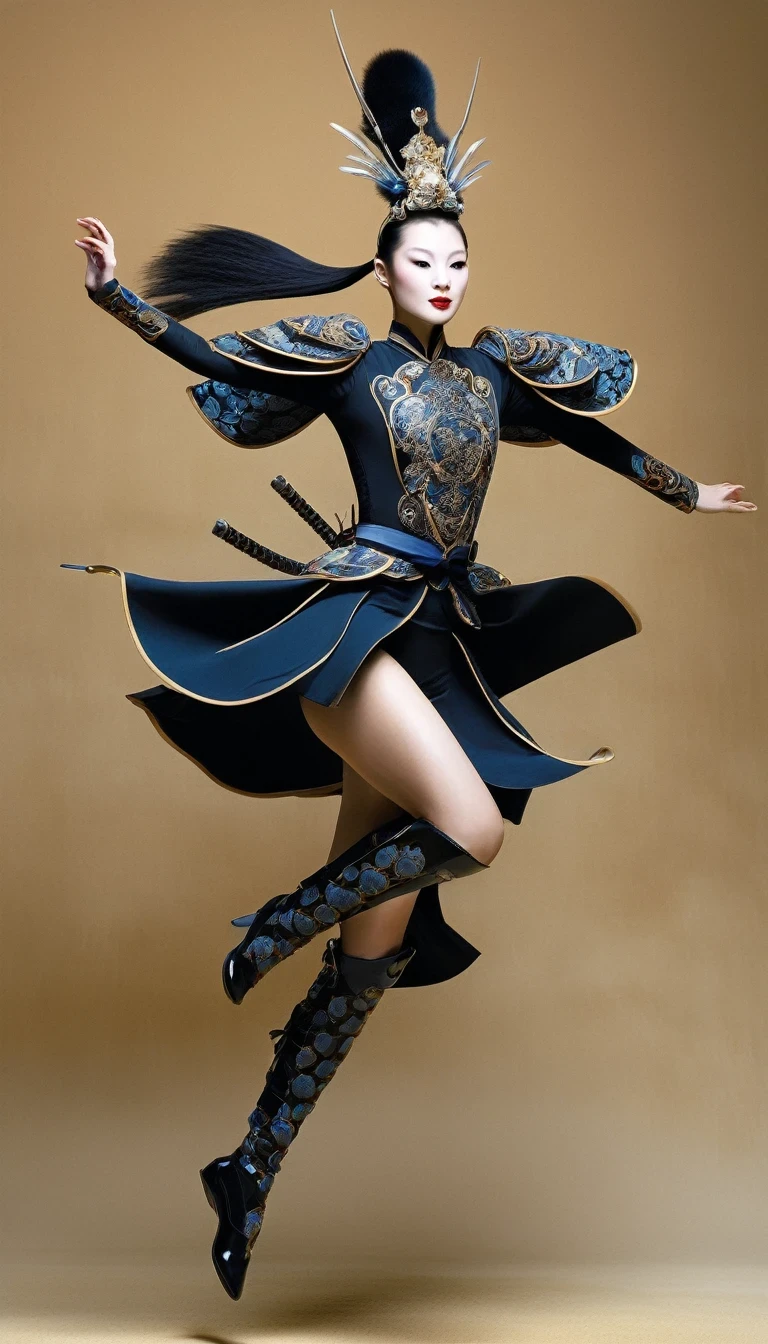 Female warrior jumping and running，(Wearing avant-garde and elegant tight combat uniform：1.3），（The Qinglong Yanyue Sword flying in the air），Serge Lutens is known for his avant-garde elegance。His works continue to transcend the boundaries of traditional aesthetics，Combining elements of surrealism and futurism，While maintaining elegance。This unique combination makes his work both sophisticated and provocative.，The color palette often includes rich, dark tones，como preto、golden and silver colors，And use bright embellishment colors to enhance the visual impact。These choices not only enhance the visual effect of the work，It also conveys emotional resonance，Draw the audience into his narrative world。