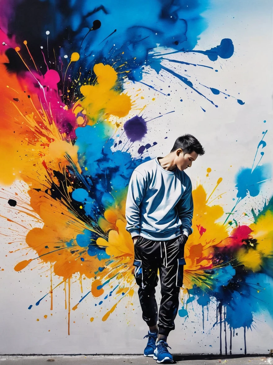 masterpiece, best quality, Color ink painting, 男性contour，athlete，dynamic姿势，contour，Graffiti，Ink splatter，Bold Colors，dynamic，Colorful，Abstract Painting，Look closely，Like a person，artwork，mystery，design，colorful inkpainting