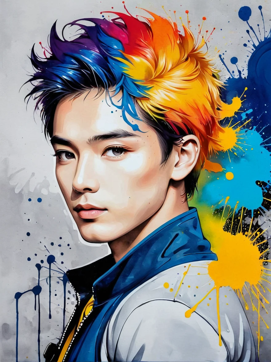 masterpiece, best quality, Color ink painting, 男性contour，athlete，dynamic姿势，contour，Graffiti，Ink splatter，Bold Colors，dynamic，Colorful，Abstract Painting，Look closely，Like a person，artwork，mystery，design，colorful inkpainting