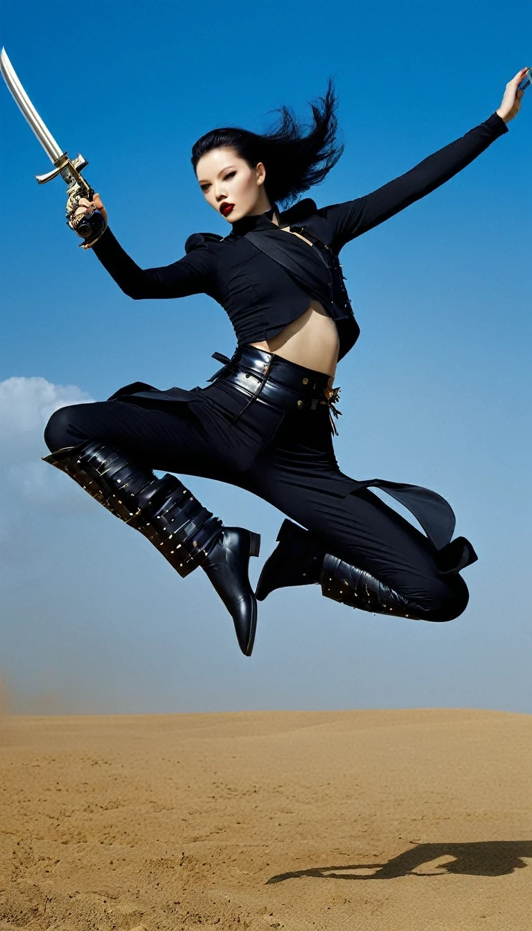 Female warrior jumping and running，(Wearing an avant-garde and elegant tight combat pants：1.3），Knife flying in the airing gun，Serge Lutens is known for his avant-garde elegance。His works continue to transcend the boundaries of traditional aesthetics，Combining elements of surrealism and futurism，While maintaining elegance。This unique combination makes his work both sophisticated and provocative.，background：Ancient battlefield，The future apocalyptic world