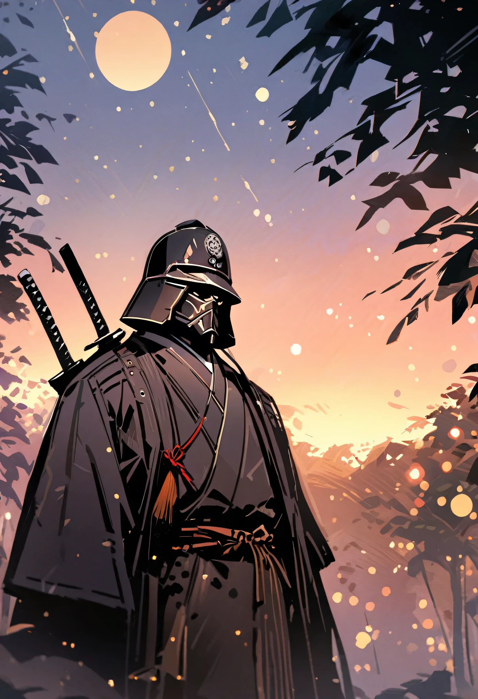 (Close-up shot:1.5), Japanese Samurai, Night forest glade background, (evening), moonlight, Bokeh, (Art by Jeremy Mann and Edvard Munch), Beautiful composition, Complementary Color, masterpiece, Awards