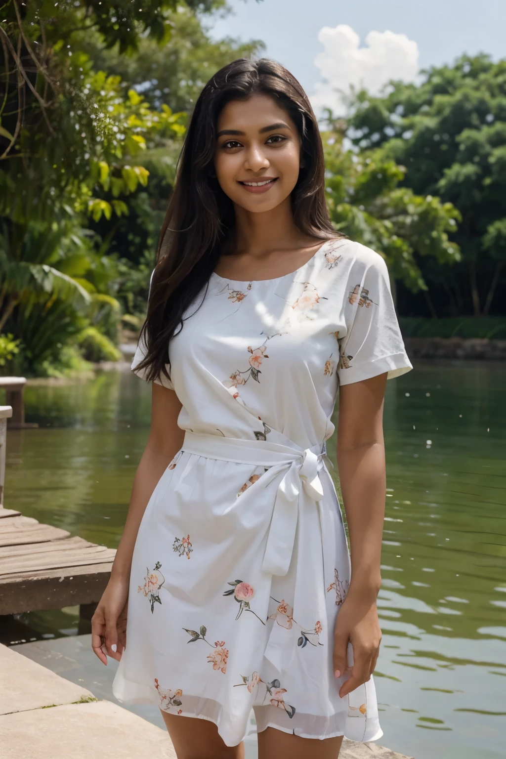 A mallu woman with medium-length tousled dark hair is photographed in a relaxed, stylish pose. She is wearing a white floral print dress with short sleeves and a cinched waist. The background appears to be a body of water, creating a serene and natural setting. The woman has a beaming smile and a relaxed, confident expression.