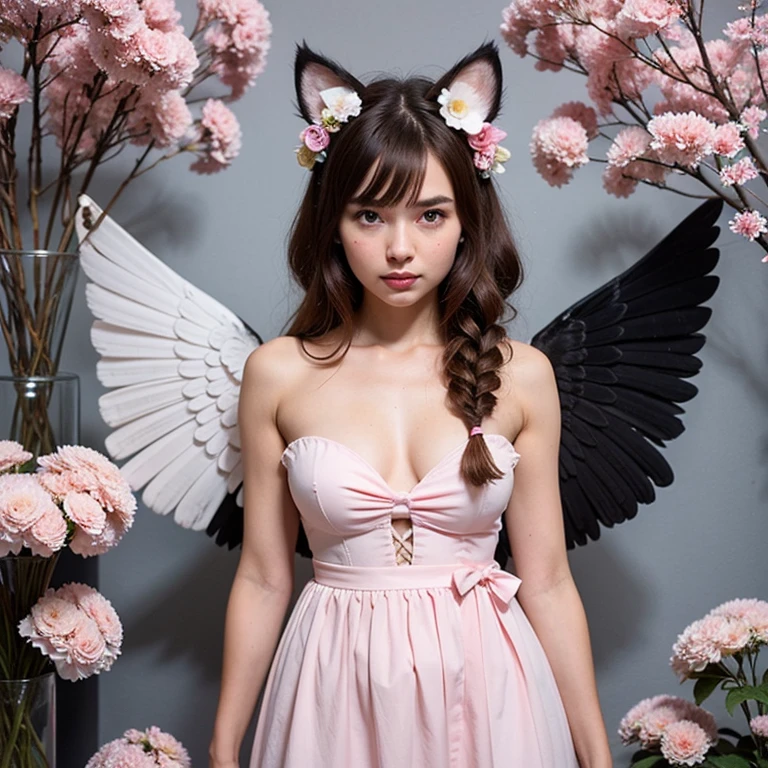 1girl, naked, animal ears, purple eyes, brown hair, wings, solo, long hair, blush, cat ears, flowers, looking at viewer, braids, bows, dresses, pink flowers, bows, hair accessories, bangs, cats, hair flower, animal ear hair, holding, virtual youtuber, blue bow, holding animal, catwoman, stuffed toy