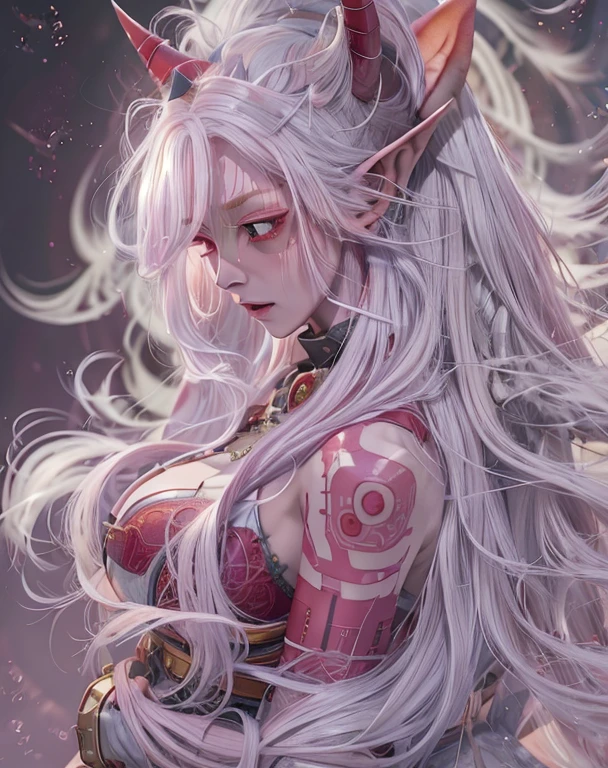 ghost,horn, Pink skin, Red Tattoo, Pointed Ears, Gray Hair,Long Hair、Red eyes,Huge breasts、Curved waist、Big Ass、Severe,
(Very detailed, Beautifully detailed face, masterpiece, highest quality),