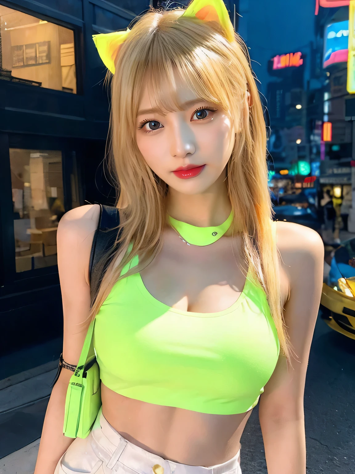 最high quality, masterpiece, 32k、Very detailed、Realistic、1 girl, Japanese women、Cute Face, (photo Actual:1.3),Bob Hair(Golden hair color、Blonde Hairstyles)、Edge lighting, (Skin with attention to detail:1.2), 8k超High resolution, Single-lens reflex camera, high quality, High resolution, 4K, 8k, Optimal ratio of four fingers to one thumb, (Actual:1.3), cute 1 girl, Realistic、Super Realistic、32k、Very detailed、masterpiece, 最high quality, beautiful girl, beauty、Mecha, Beautiful lighting, (Neon Light:1.2), (night:1.5), Yellow-themed K-POP idol costumes、Yellow color outfit、Yellow sleeveless outfit(Yellow Fashion)、Shorts、Big Breasts(big 、There is a valley)Cat ear headphones、Are standing、Cyber Neon、Future City、Skyscraper、City night、Shanghai、big cities、night scene、綺麗なnight scene