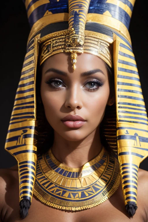 Visage femme malaise peau très sombre goddess du Soudan avec tatouages or fin((dressed in pharaoh&#39;s tunic)) visage tatouages avec de l'or fin