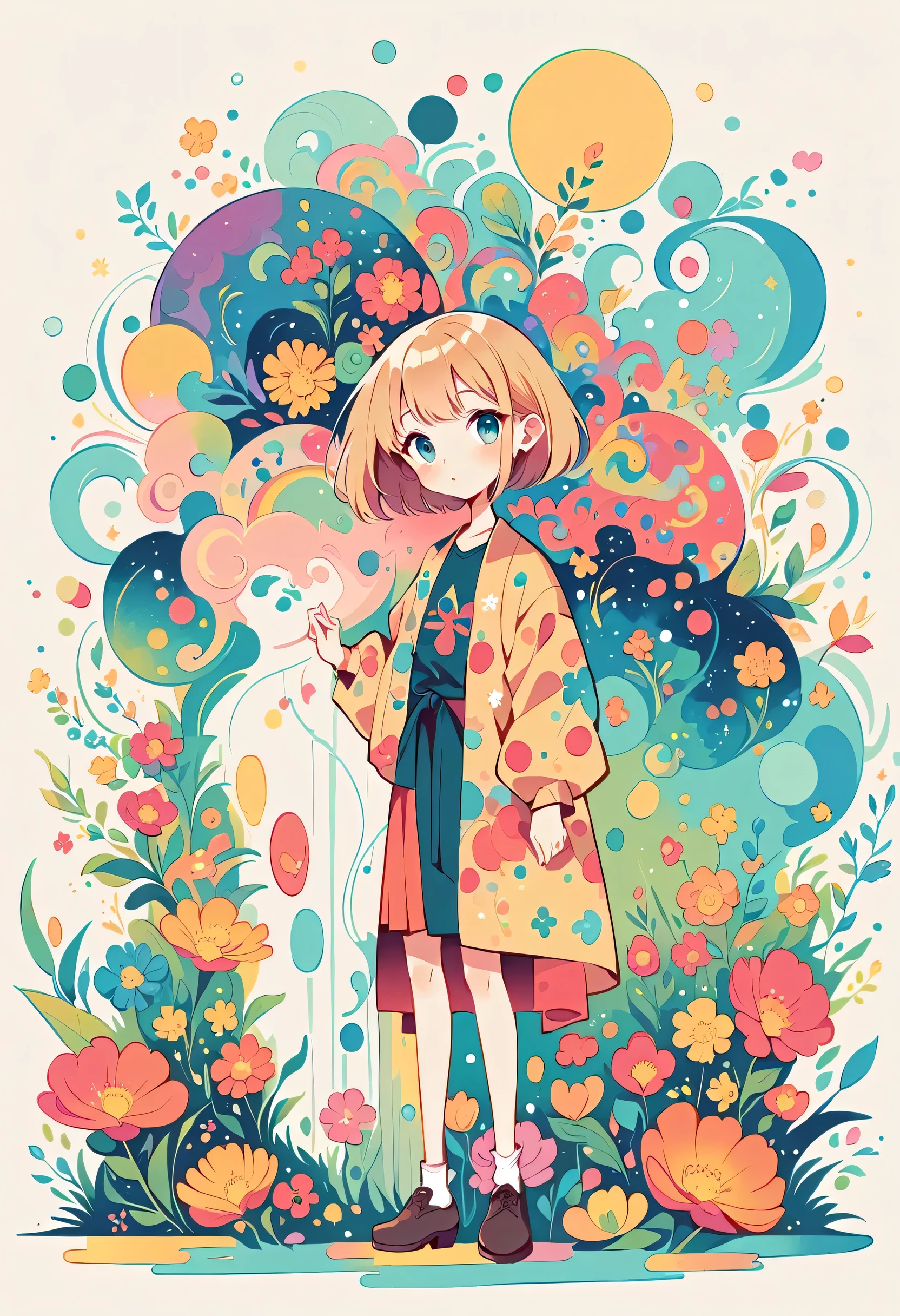 Watase Seizo style, Standing in front of a high wall，Simple Line Initialism，Abstract art，Urban Background, (((The most beautiful girl))), colorful flowers
