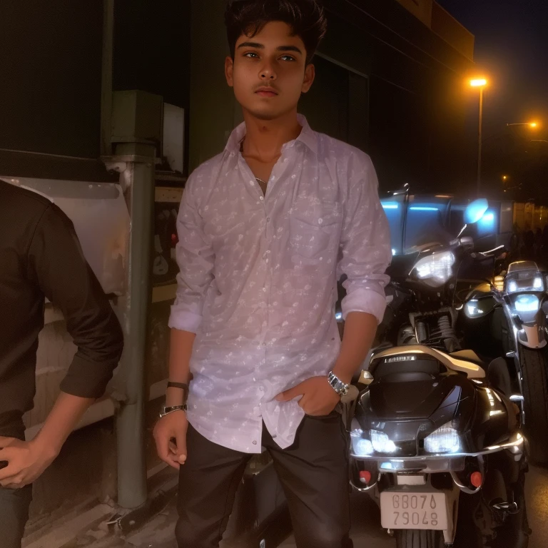 there is a man standing next to a motorcycle on the street, wearing in shirt, around 1 9 , vinayak, very very low quality picture, candid picture, at night time, full body picture, very clear picture, vastayan, without helmet, dhamphir, very accurate photo, with accurate face, ayan nag, with lovely look