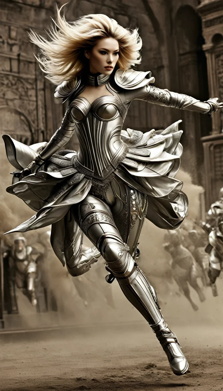 (Avant-garde and elegant tight combat suit design:1.3),Female warrior jumping and running,Sword and gun,Serge Lutens is known for his avant-garde elegance。His works continue to transcend the boundaries of traditional aesthetics,Combining elements of surrealism and futurism,While maintaining elegance。This unique combination makes his work both sophisticated and provocative.,background:The future
