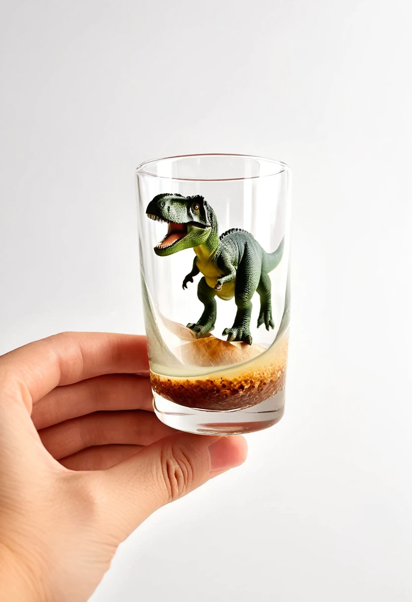Hand holding a mini glass with a [dinossauro] dentro, 8k, fotografia hiper-realista,
