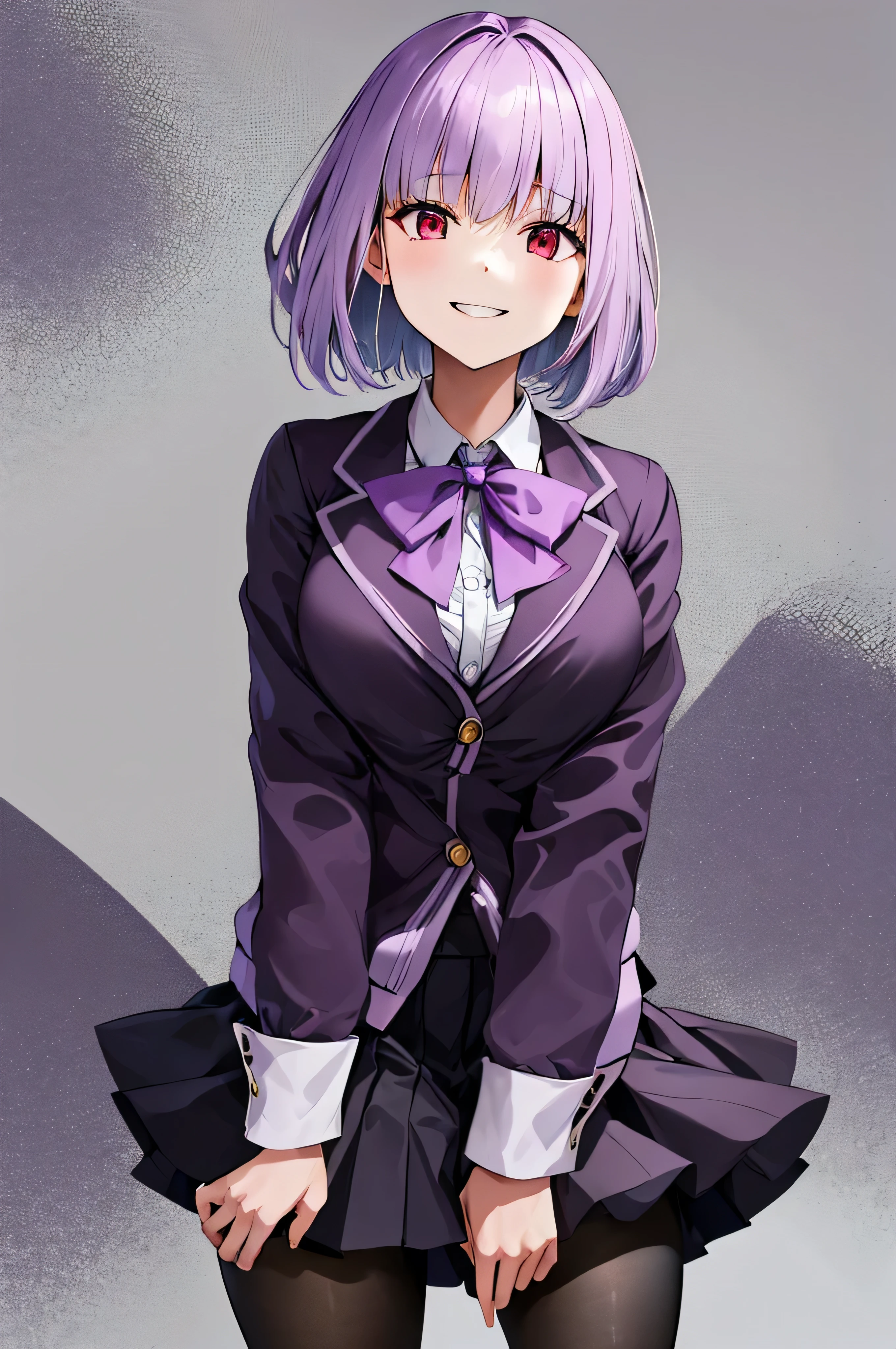 masterpiece, highest quality, High resolution, shinjou akane, One girl, alone, pantyhose, shirt, bow, skirt, purple Jacket, Jacket, white shirt, Long sleeve, short hair, black skirt, collared shirt, black pantyhose, Open clothes, bowtie, purple bow, chest, bangs, Red eyes, pleated skirt, Off the shoulder, open Jacket, Sleeves are longer than the wrist, Light purple hair, purple bowtie, miniskirt, Cowboy Shot,evil smile,smile worst,looking at viewer,laugh worst,evil laugh,shaded face,laugh face,big monster background,