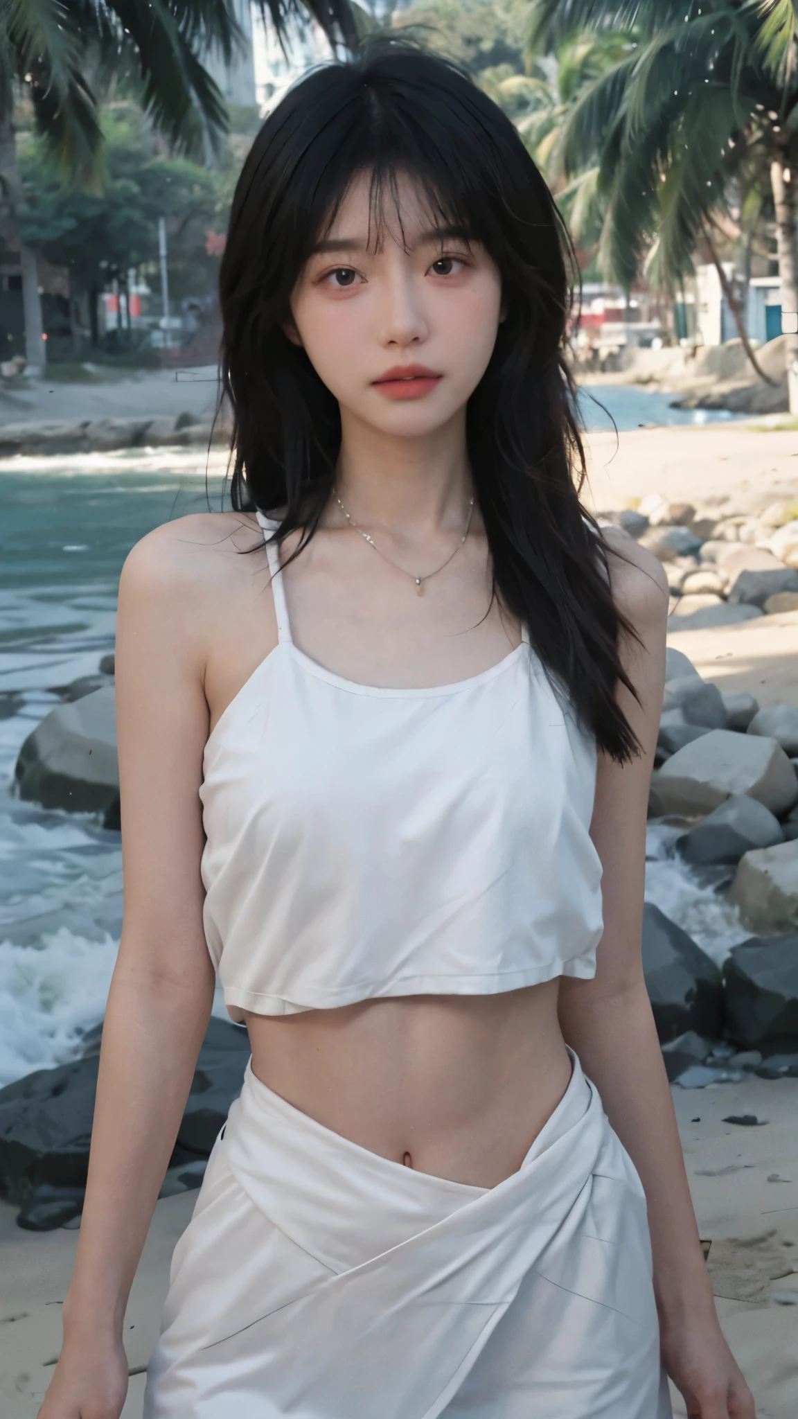 Best quality,Ultra-high resolution,(lifelike:1.4),Cute hairpin,1girll,Long curly hair,jk,Blush,Slim beauty:1.4,Visible abdominal muscles,on the beach,Ultra-fine face,Exquisite eyes,Double eyelids,necklace