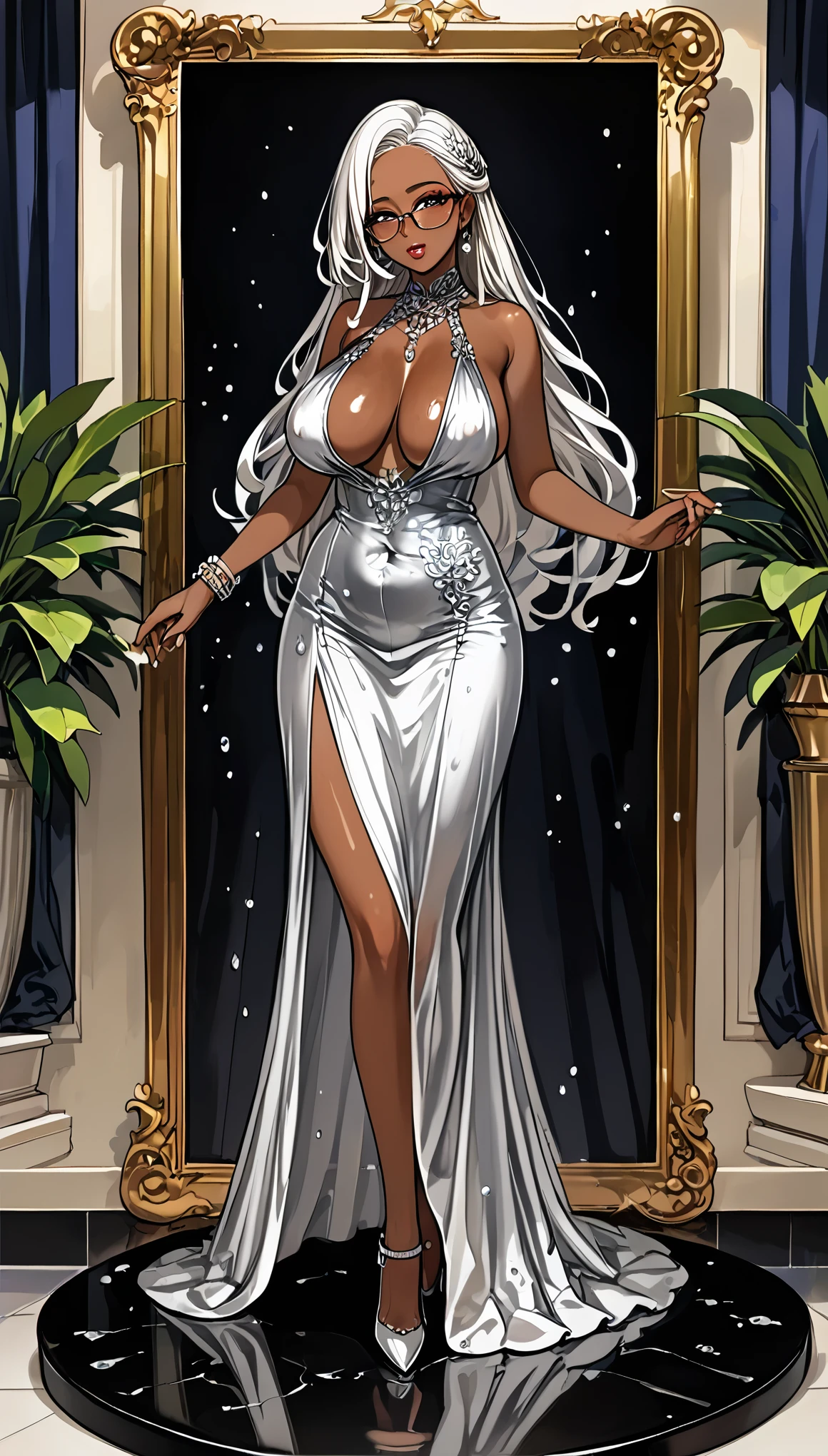 (masterpiece, best quality:1.2),Sex dolls，Solitary,Wear glasses，Exquisite eyes,Delicate white hair，Charming eye shadow( Black person:1.2)( dark skin:1.2)，african man,( Moist smooth skin:1.2)( Wear a sexy transparent silver evening dress:1.2)， Slender body proportions，Very large breasts，Large and sagging breasts，Wet sexy plump lips，Long legs，Perfect fingers，High heel