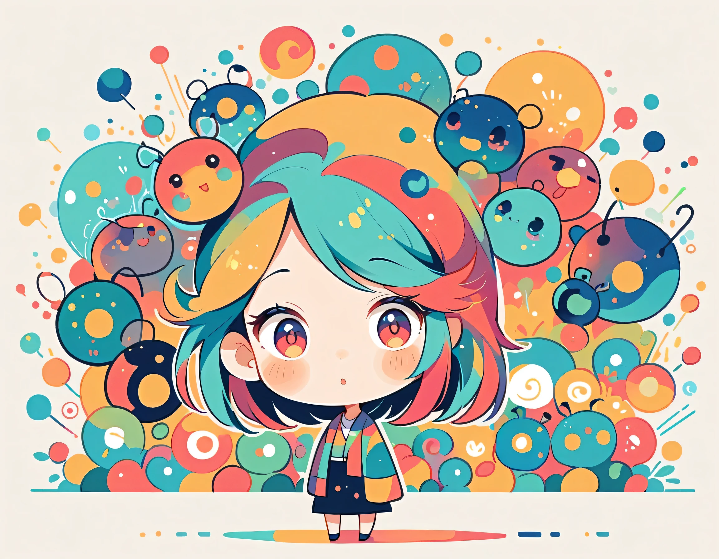 Watase Seizo style, Standing in front of a high wall,Simple Line Initialism,Abstract art,Urban Background, (((The most beautiful girl))), (((chibi))), Cute and colorful pillbugs