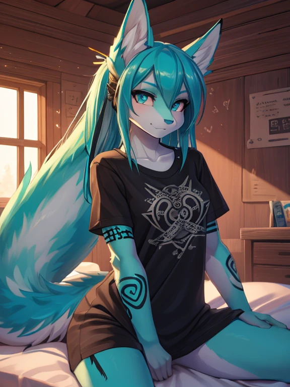 Miku hatsune, alta definicion, green body, blue hair,orejas de kitsune, tribal tatoo, high school cute clothws, cute girl, 18 years old girl, black licra short, black metal T-Shirt, mirada coqueta, recostada sobre una cama, sensual pose in bed