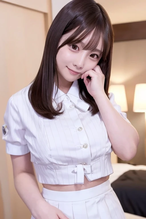 Gravure idol pose　Hotel　uniform　White clothes　high resolution　Not too small bust　Black Mini Skirt　Skirts should be shortened