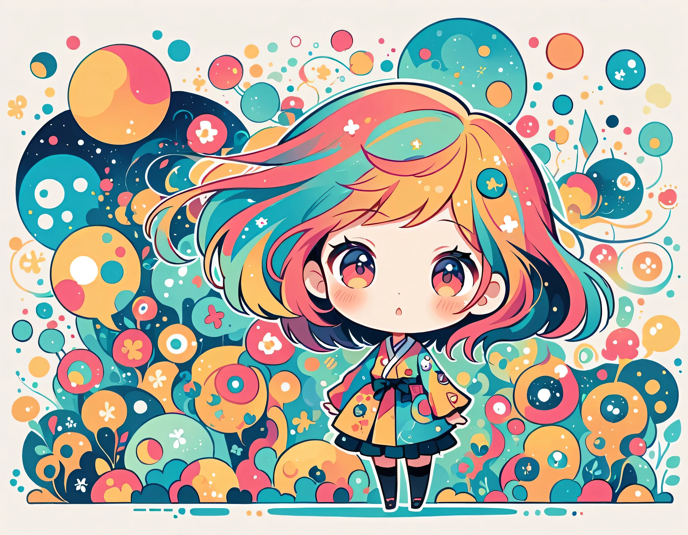 Watase Seizo style, Standing in front of a high wall,Simple Line Initialism,Abstract art,Urban Background, (((The most beautiful girl))), (((chibi))), Cute and colorful pillbugs
